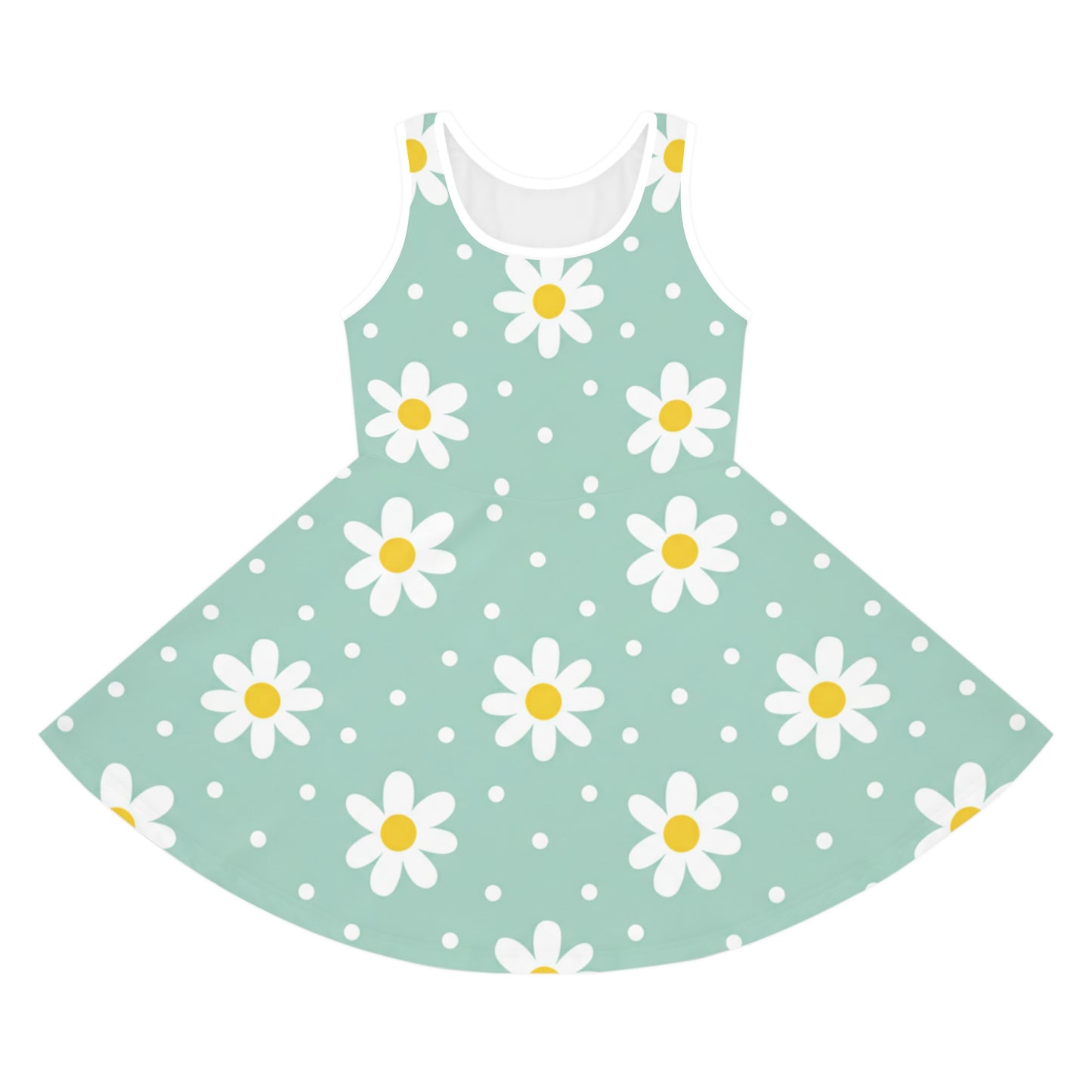 Girls Mint Daisy Polka Dot Sundress – Cute Kids Sleeveless Floral Dress for Summer Seam thread color automatically matched to design