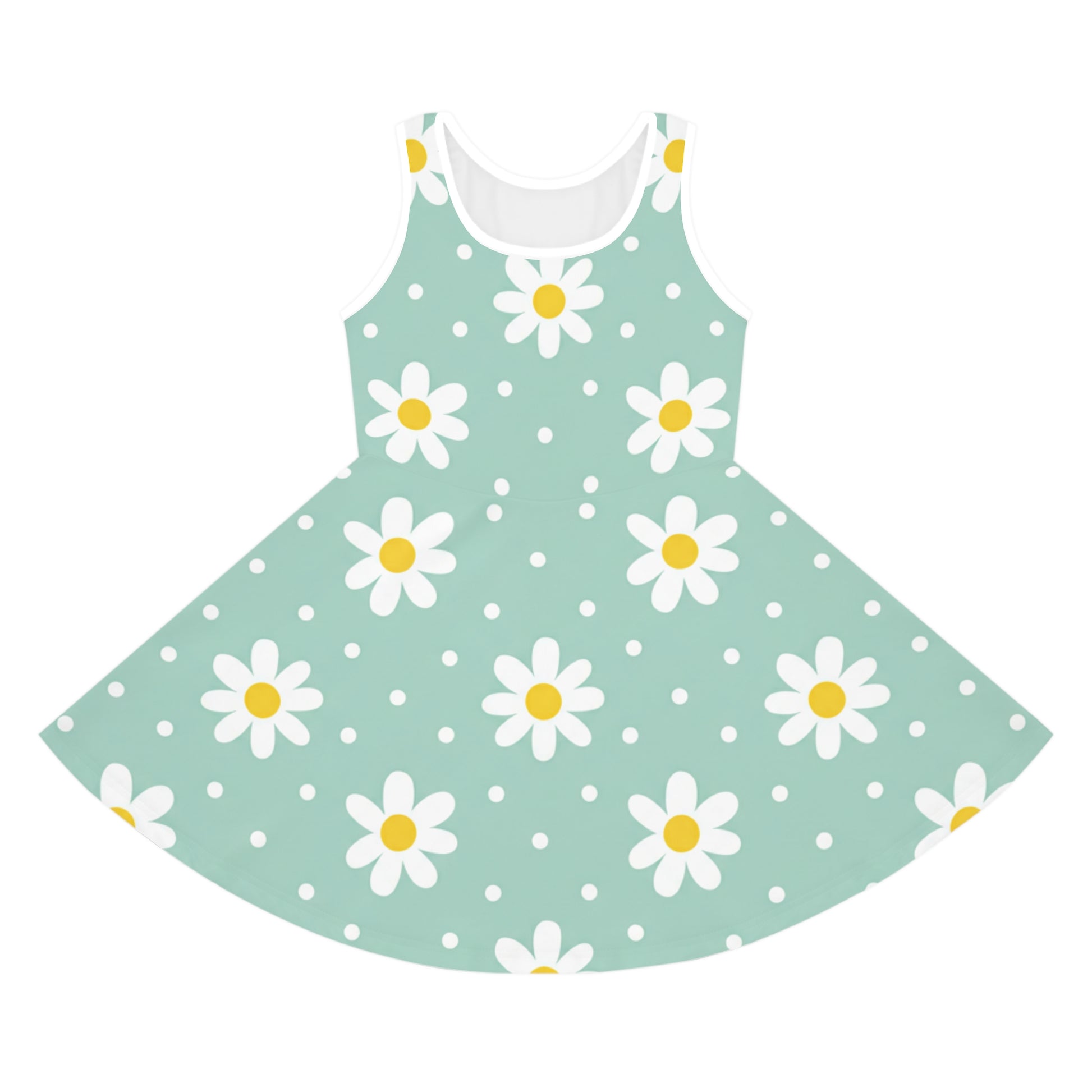 Girls Mint Daisy Polka Dot Sundress – Cute Kids Sleeveless Floral Dress for Summer Seam thread color automatically matched to design