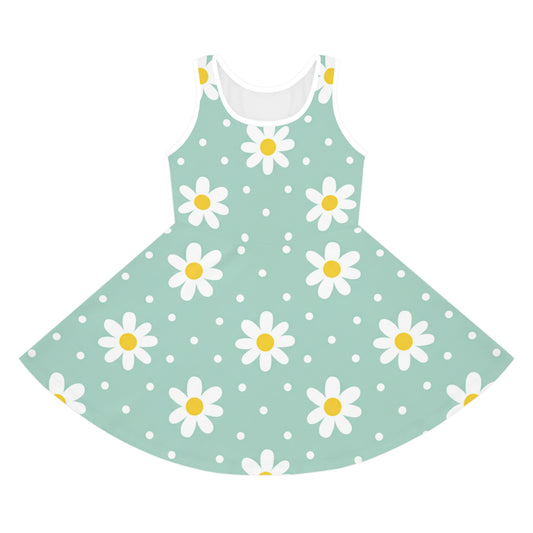 Girls Mint Daisy Polka Dot Sundress – Cute Kids Sleeveless Floral Dress for Summer Seam thread color automatically matched to design