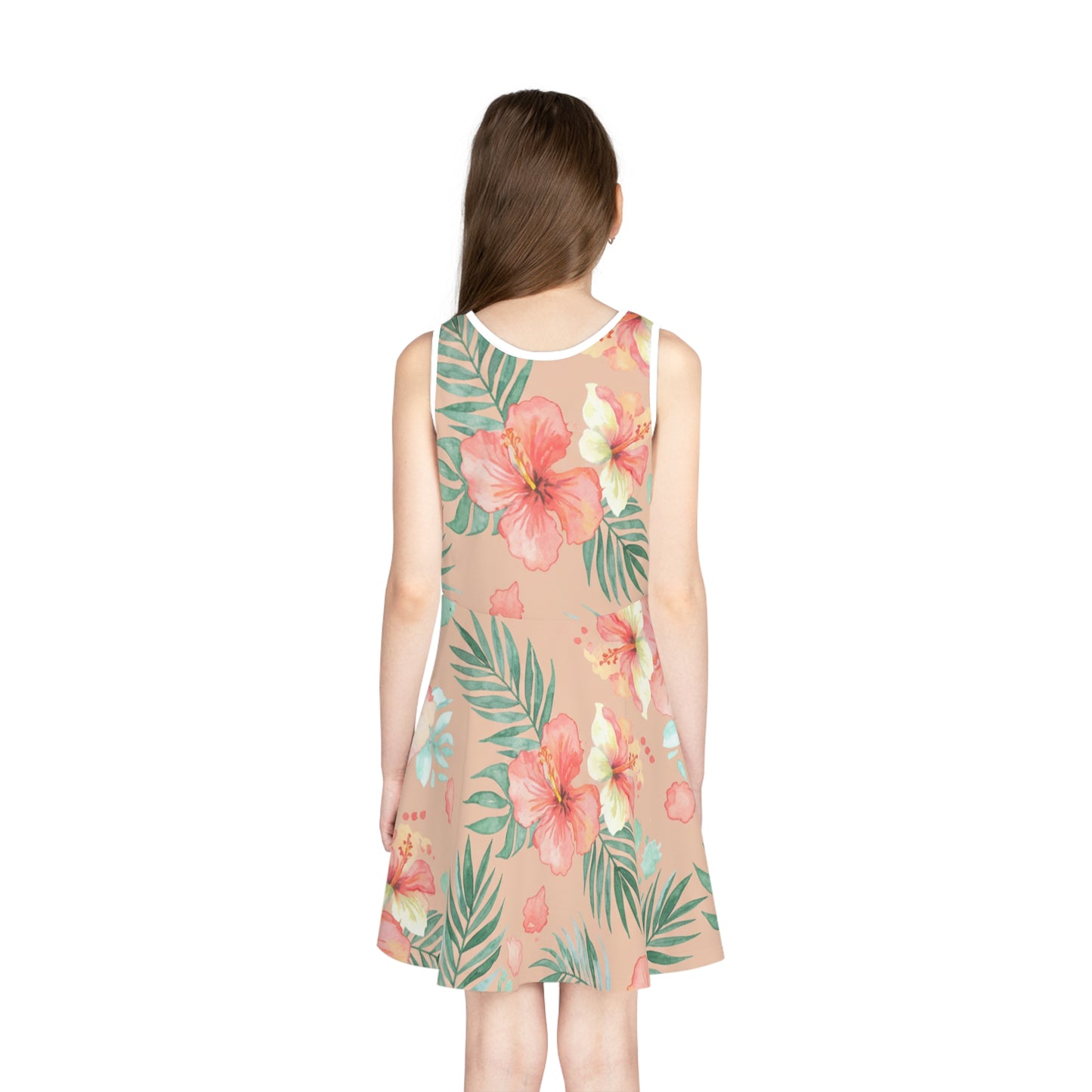 Girls Pink Hibiscus Sundress – Cute Kids Sleeveless Tropical Dress for Summer & Beach Seam thread color automatically matched to design