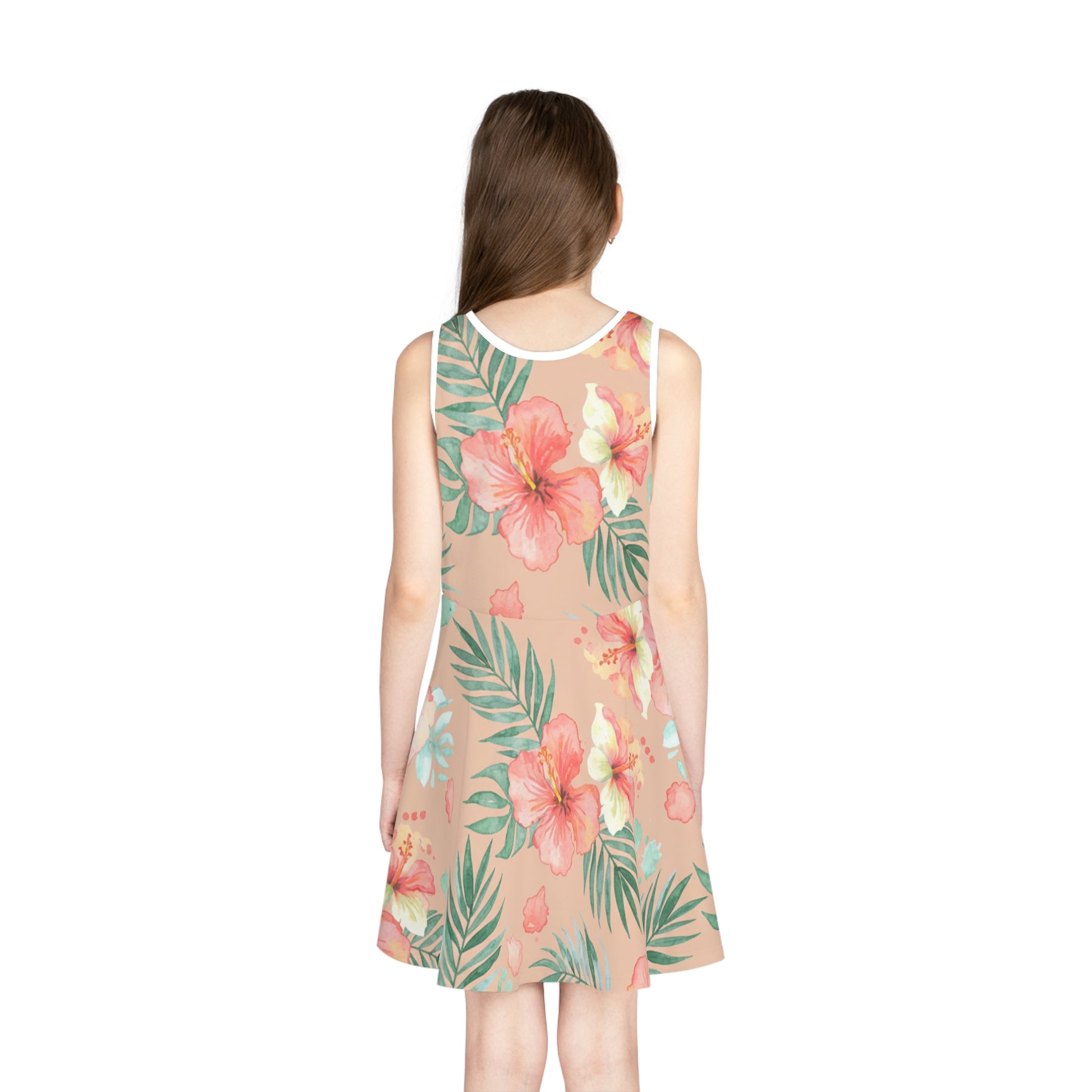 Girls Pink Hibiscus Sundress – Cute Kids Sleeveless Tropical Dress for Summer & Beach Seam thread color automatically matched to design