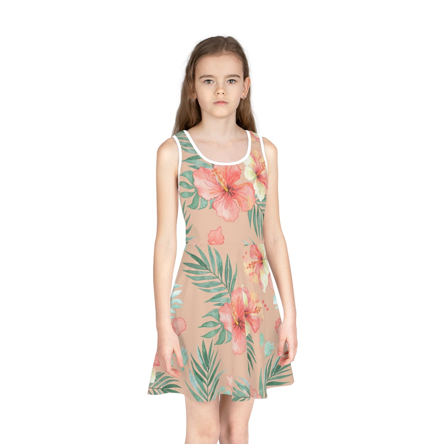 Girls Pink Hibiscus Sundress – Cute Kids Sleeveless Tropical Dress for Summer & Beach Seam thread color automatically matched to design