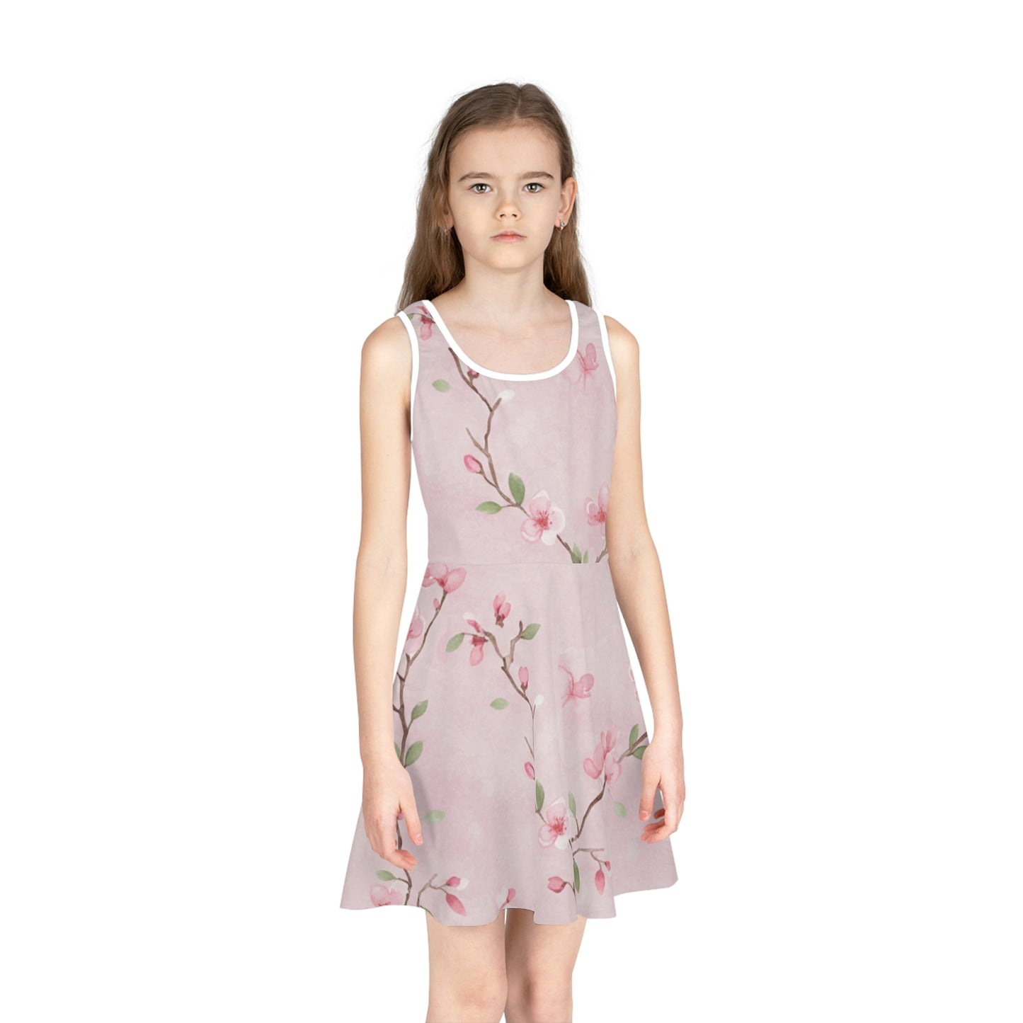 Girls Pink Cherry Blossom Sundress – Cute Kids Sleeveless Twirl Dress for Spring & Easter Seam thread color automatically matched to design