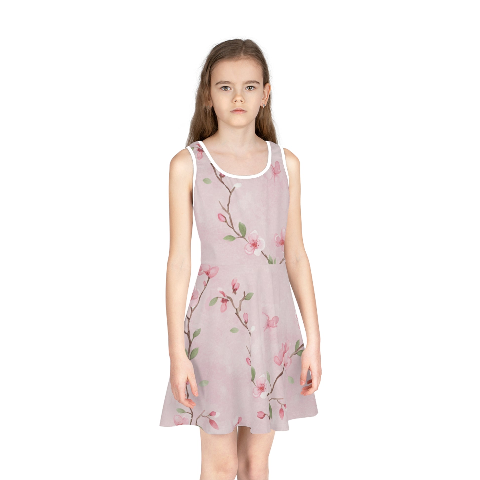 Girls Pink Cherry Blossom Sundress – Cute Kids Sleeveless Twirl Dress for Spring & Easter Seam thread color automatically matched to design