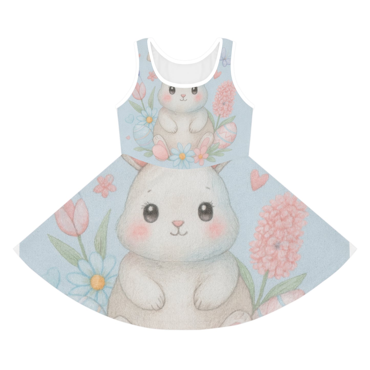 Girls Cute Bunny Floral Sundress – Sleeveless Easter Dress for Toddlers & Kids | Spring Garden Party Seam thread color automatically matched to design