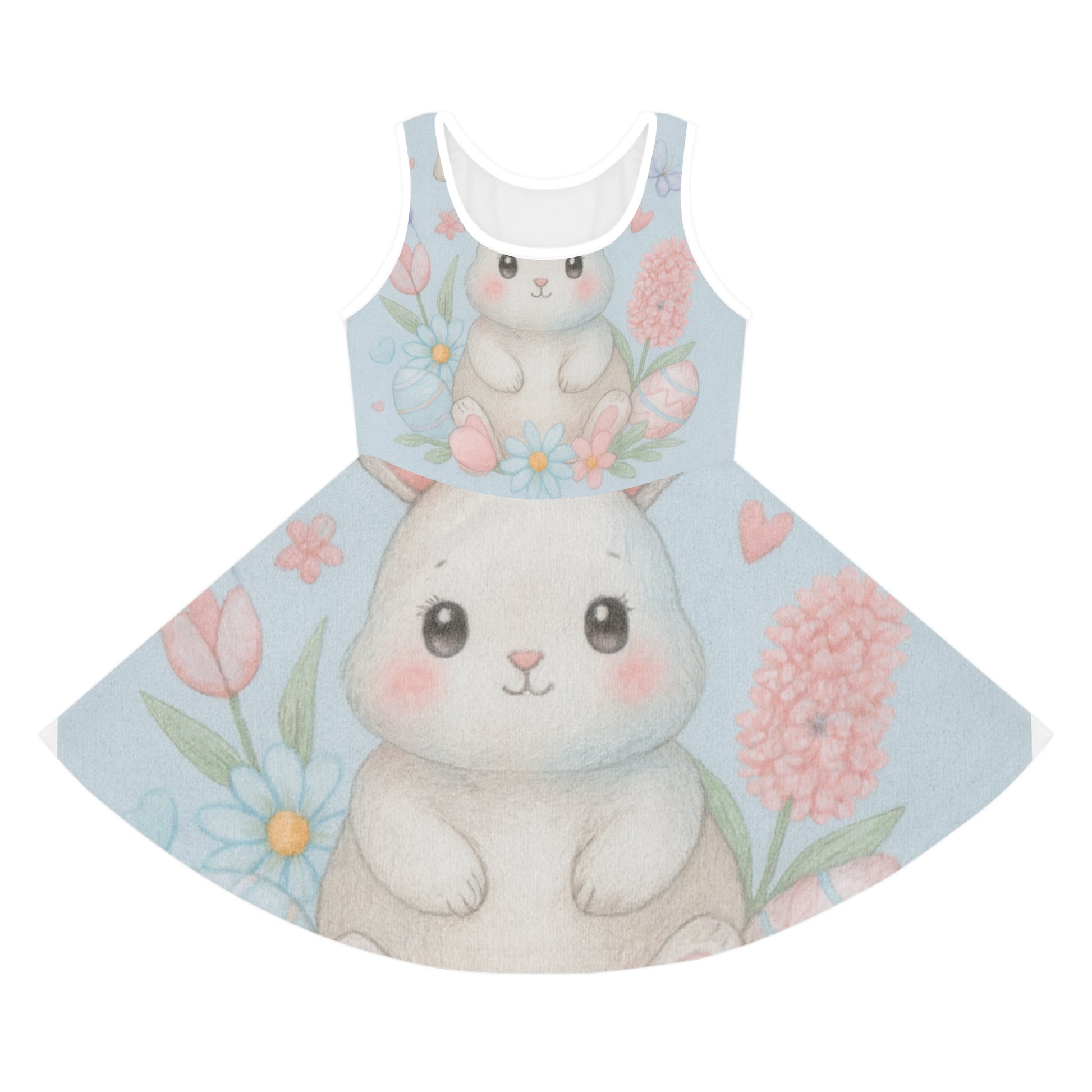 Girls Cute Bunny Floral Sundress – Sleeveless Easter Dress for Toddlers & Kids | Spring Garden Party Seam thread color automatically matched to design