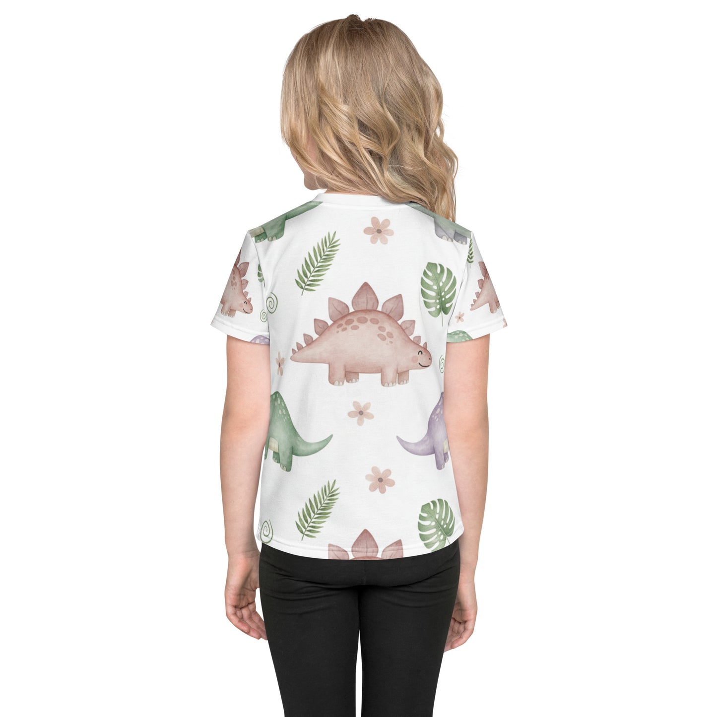 Kids Botanical Dino Garden T-Shirt – Cute Boys & Girls Stegosaurus Tropical Leaves All-Over Print Tee 7