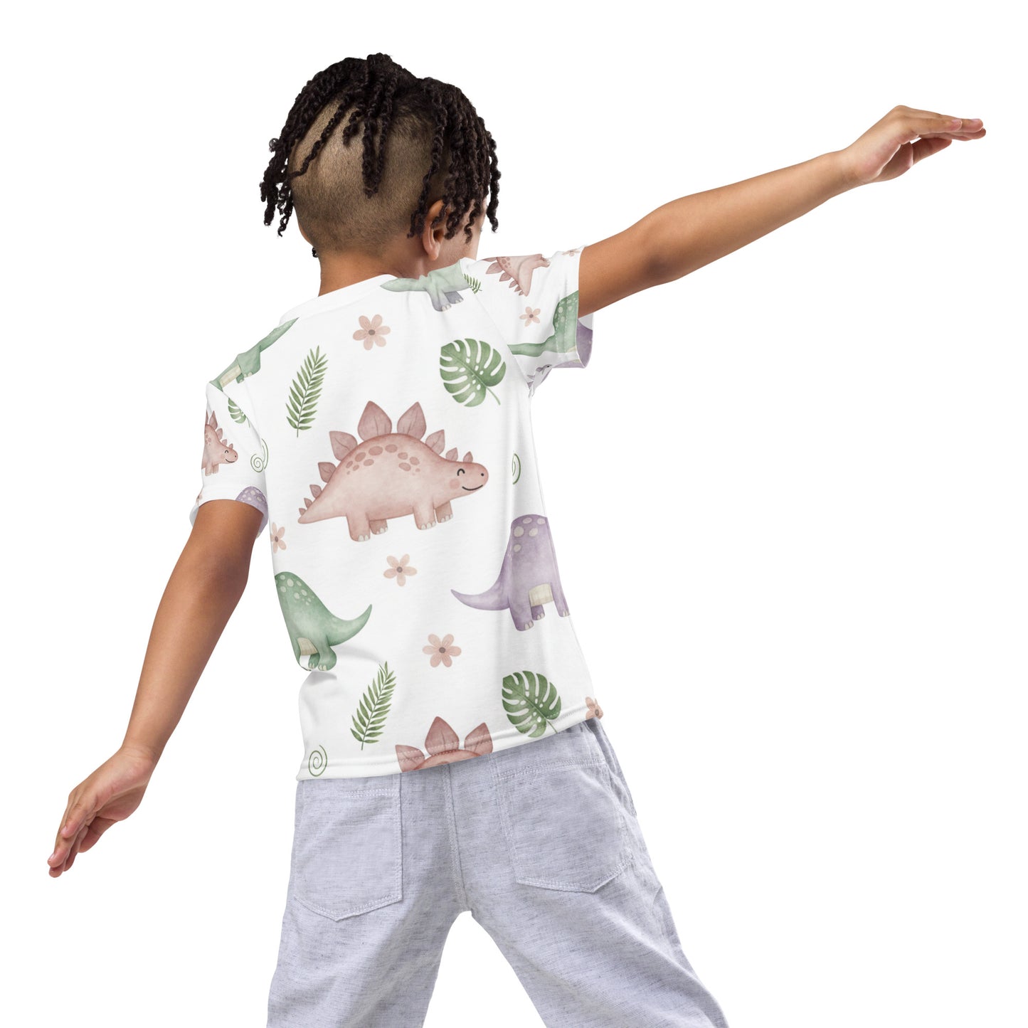 Kids Botanical Dino Garden T-Shirt – Cute Boys & Girls Stegosaurus Tropical Leaves All-Over Print Tee 7