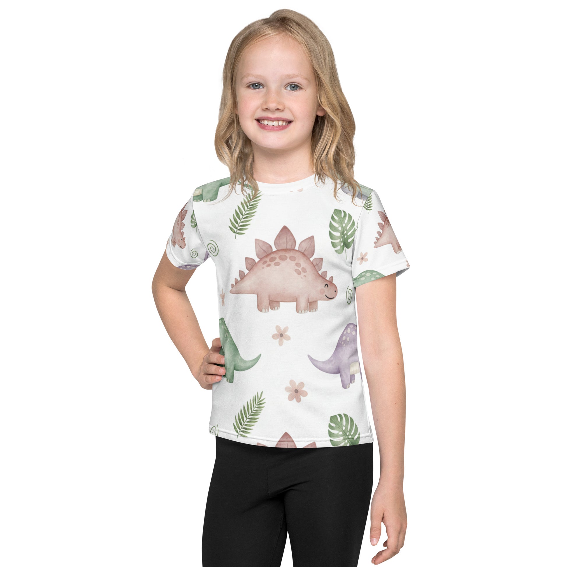 Kids Botanical Dino Garden T-Shirt – Cute Boys & Girls Stegosaurus Tropical Leaves All-Over Print Tee 7