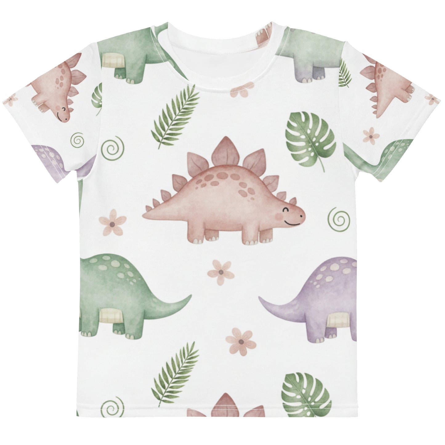 Kids Botanical Dino Garden T-Shirt – Cute Boys & Girls Stegosaurus Tropical Leaves All-Over Print Tee 7