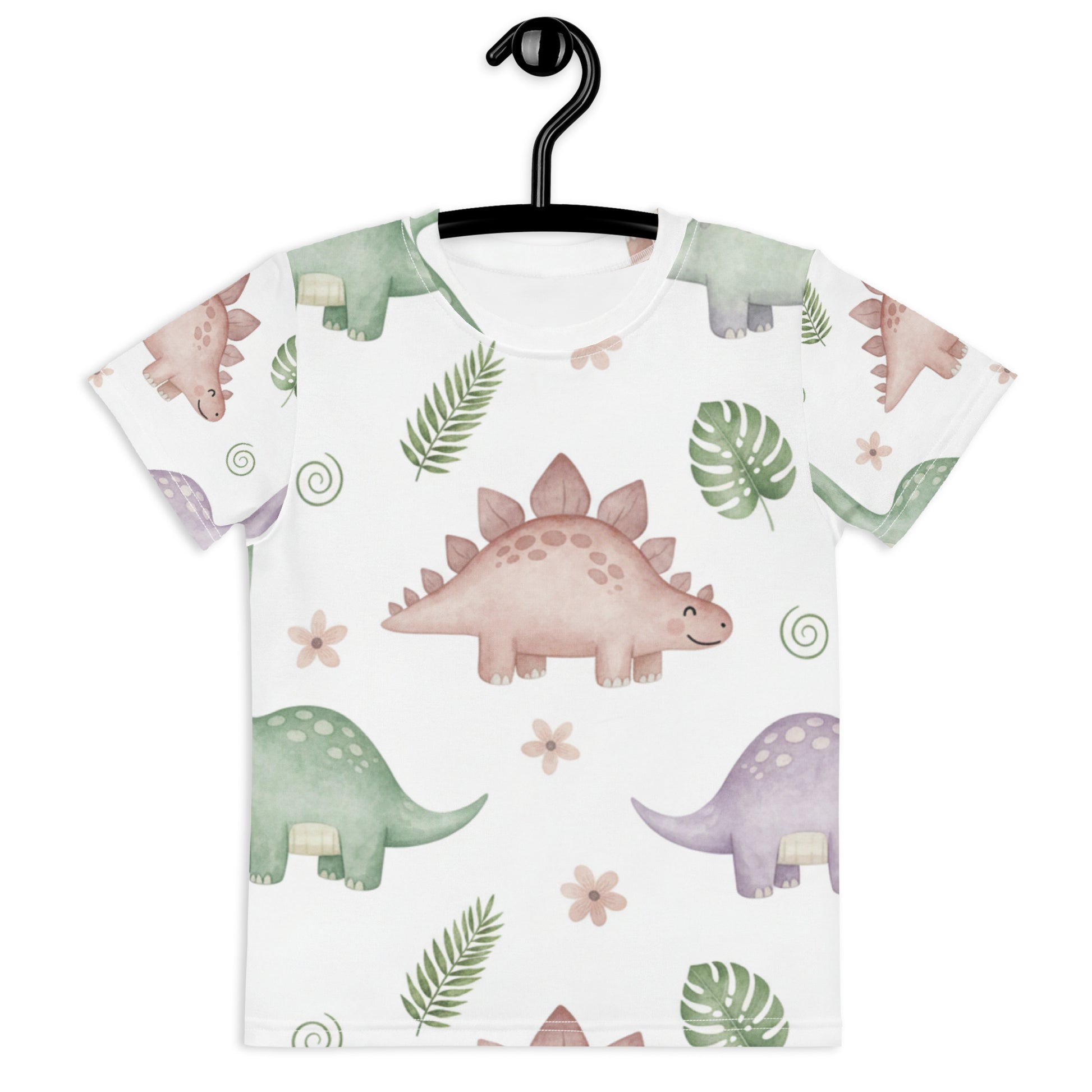Kids Botanical Dino Garden T-Shirt – Cute Boys & Girls Stegosaurus Tropical Leaves All-Over Print Tee 7