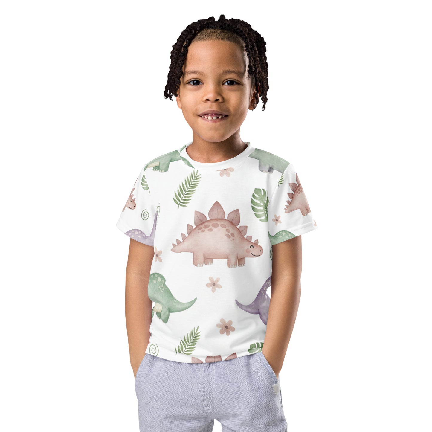 Kids Botanical Dino Garden T-Shirt – Cute Boys & Girls Stegosaurus Tropical Leaves All-Over Print Tee 7