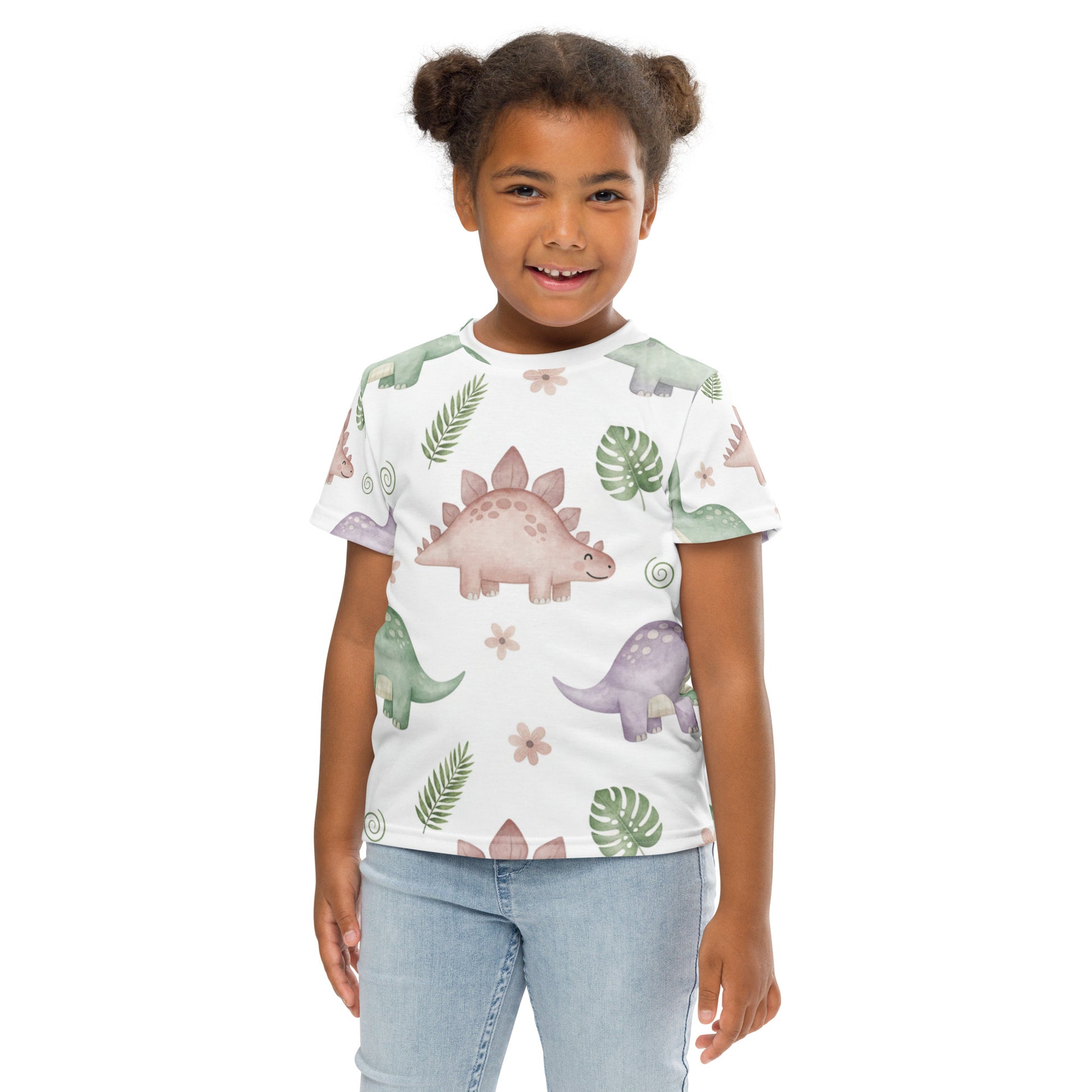Kids Botanical Dino Garden T-Shirt – Cute Boys & Girls Stegosaurus Tropical Leaves All-Over Print Tee 7