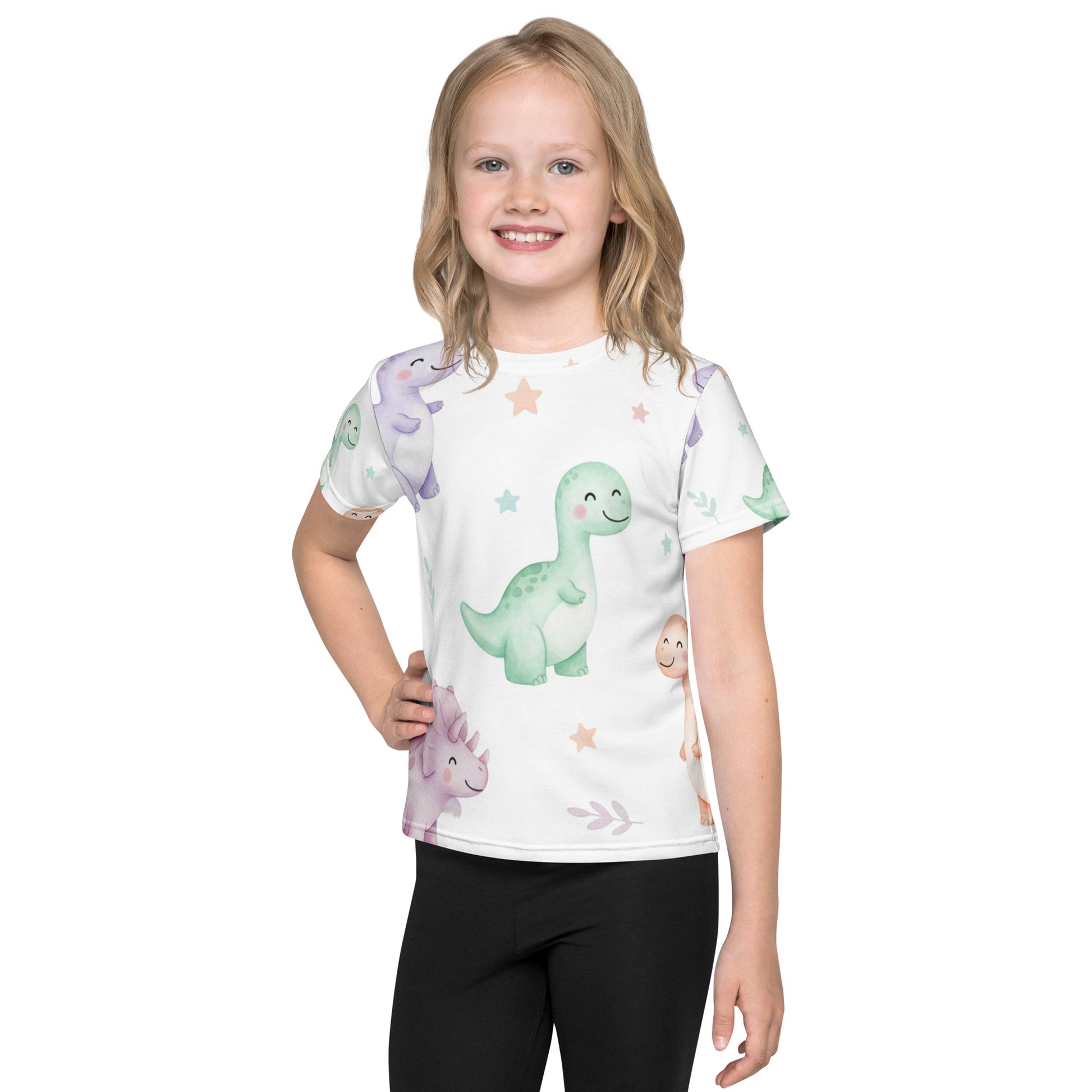 Kids Pastel Kawaii Dinosaur T-Shirt – Cute Boys & Girls Smiling Dino All-Over Print Tee for Everyday Wear 7