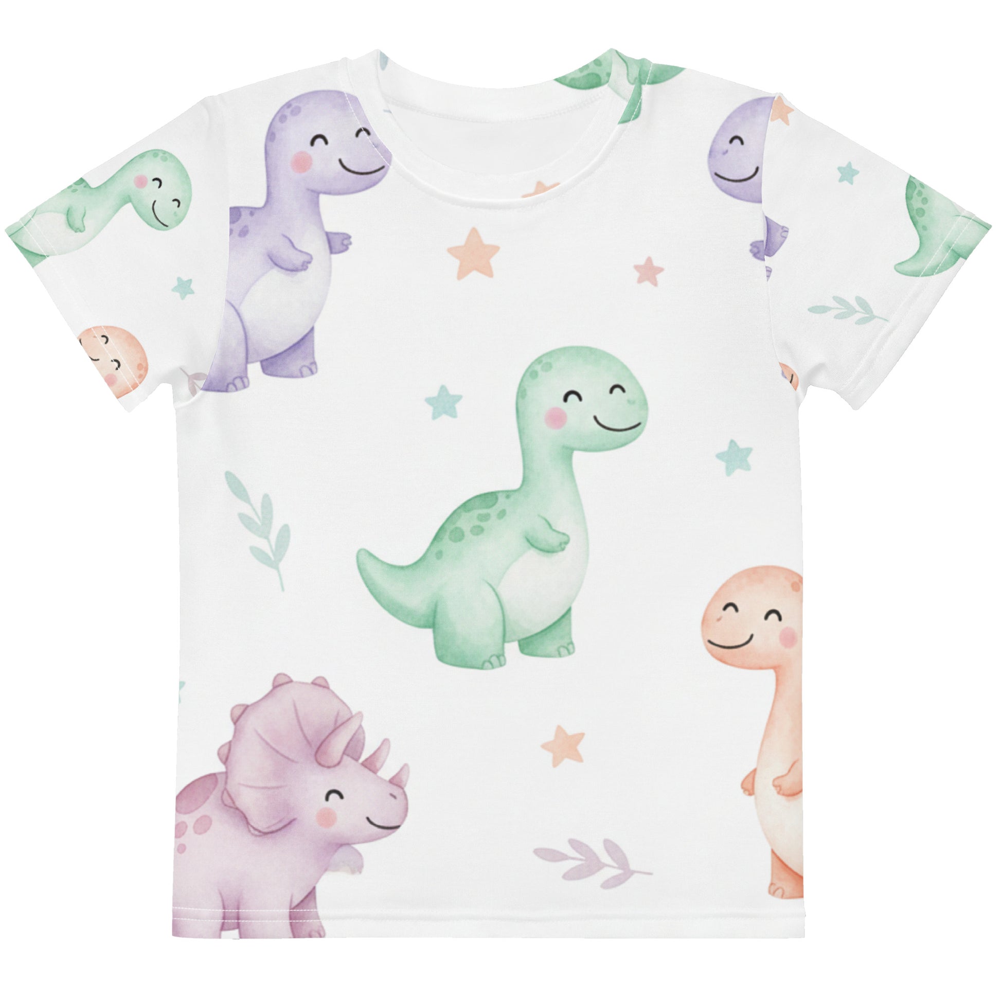 Kids Pastel Kawaii Dinosaur T-Shirt – Cute Boys & Girls Smiling Dino All-Over Print Tee for Everyday Wear 7
