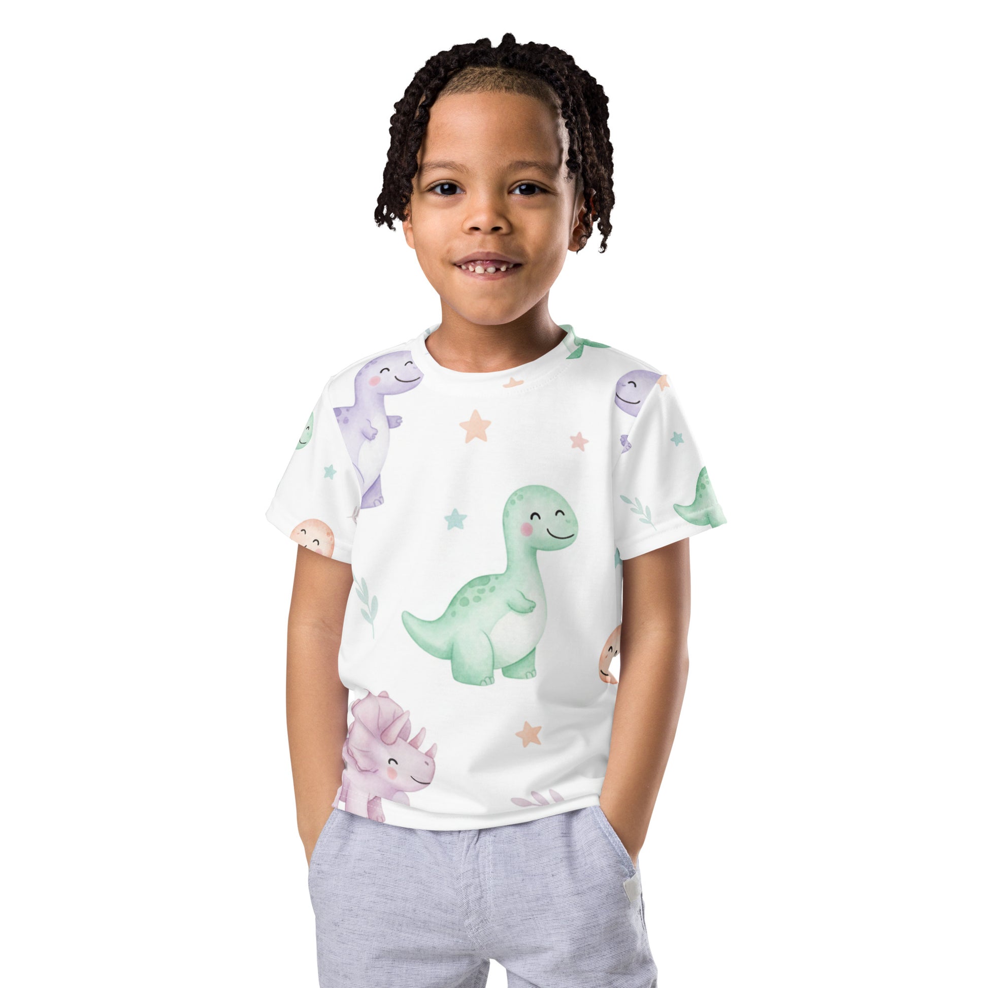 Kids Pastel Kawaii Dinosaur T-Shirt – Cute Boys & Girls Smiling Dino All-Over Print Tee for Everyday Wear 7