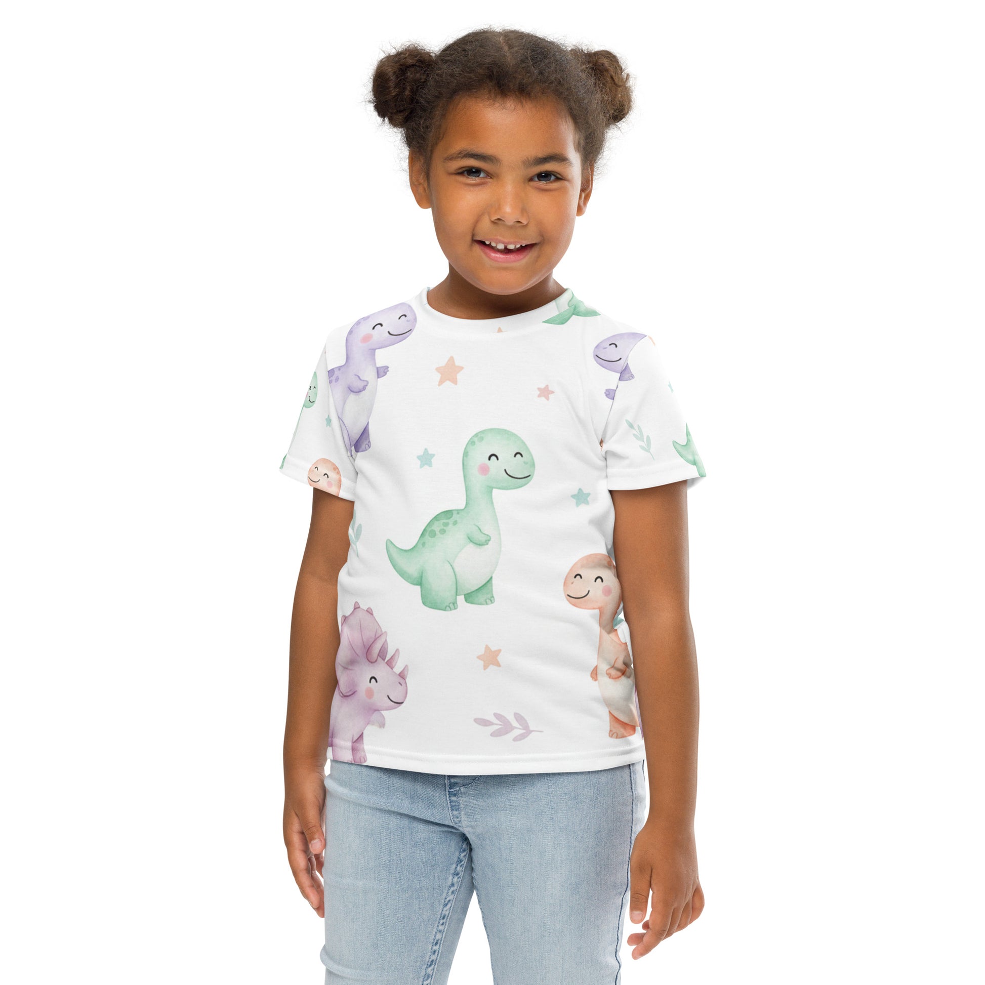 Kids Pastel Kawaii Dinosaur T-Shirt – Cute Boys & Girls Smiling Dino All-Over Print Tee for Everyday Wear 7
