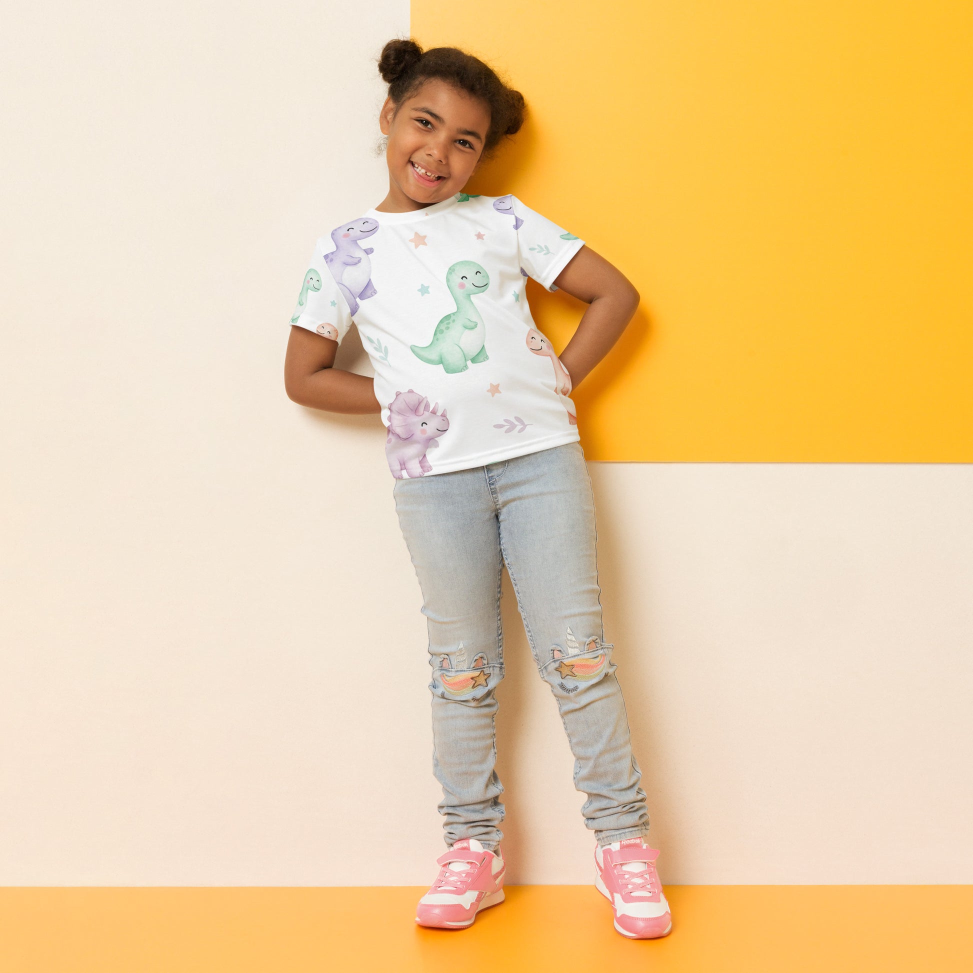 Kids Pastel Kawaii Dinosaur T-Shirt – Cute Boys & Girls Smiling Dino All-Over Print Tee for Everyday Wear 7
