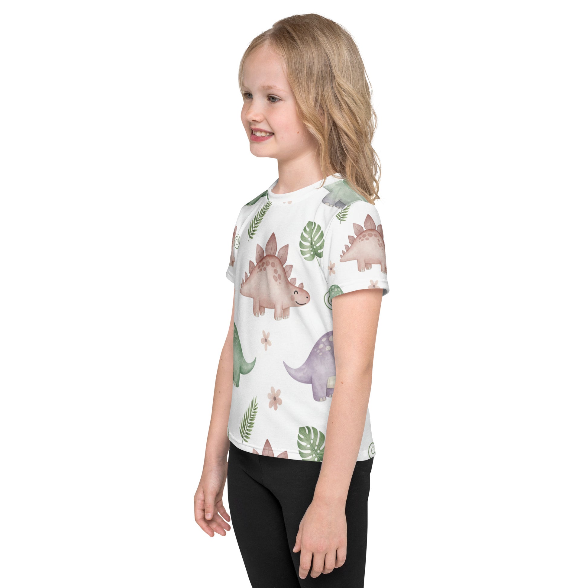 Kids Botanical Dino Garden T-Shirt – Cute Boys & Girls Stegosaurus Tropical Leaves All-Over Print Tee 7