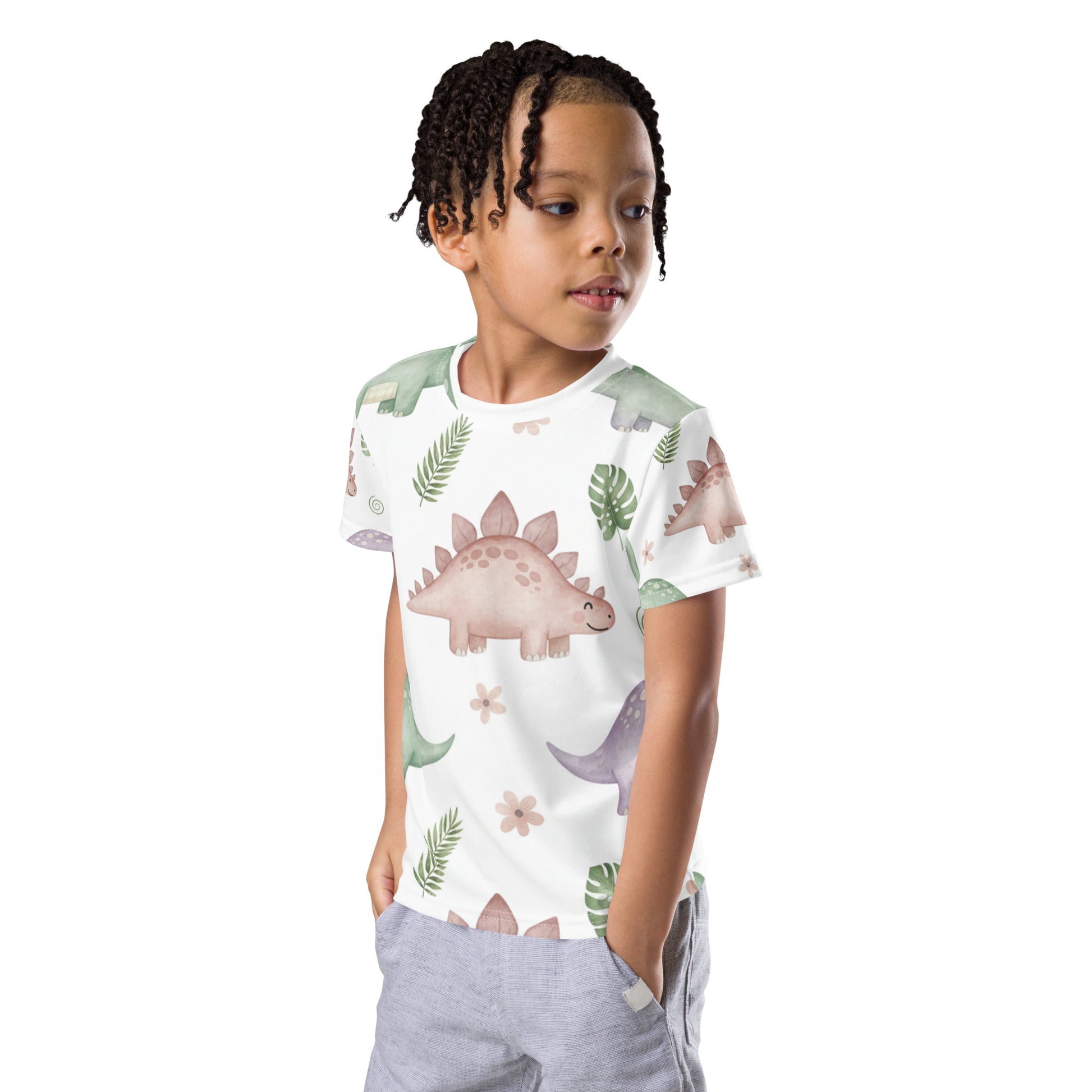 Kids Botanical Dino Garden T-Shirt – Cute Boys & Girls Stegosaurus Tropical Leaves All-Over Print Tee 7