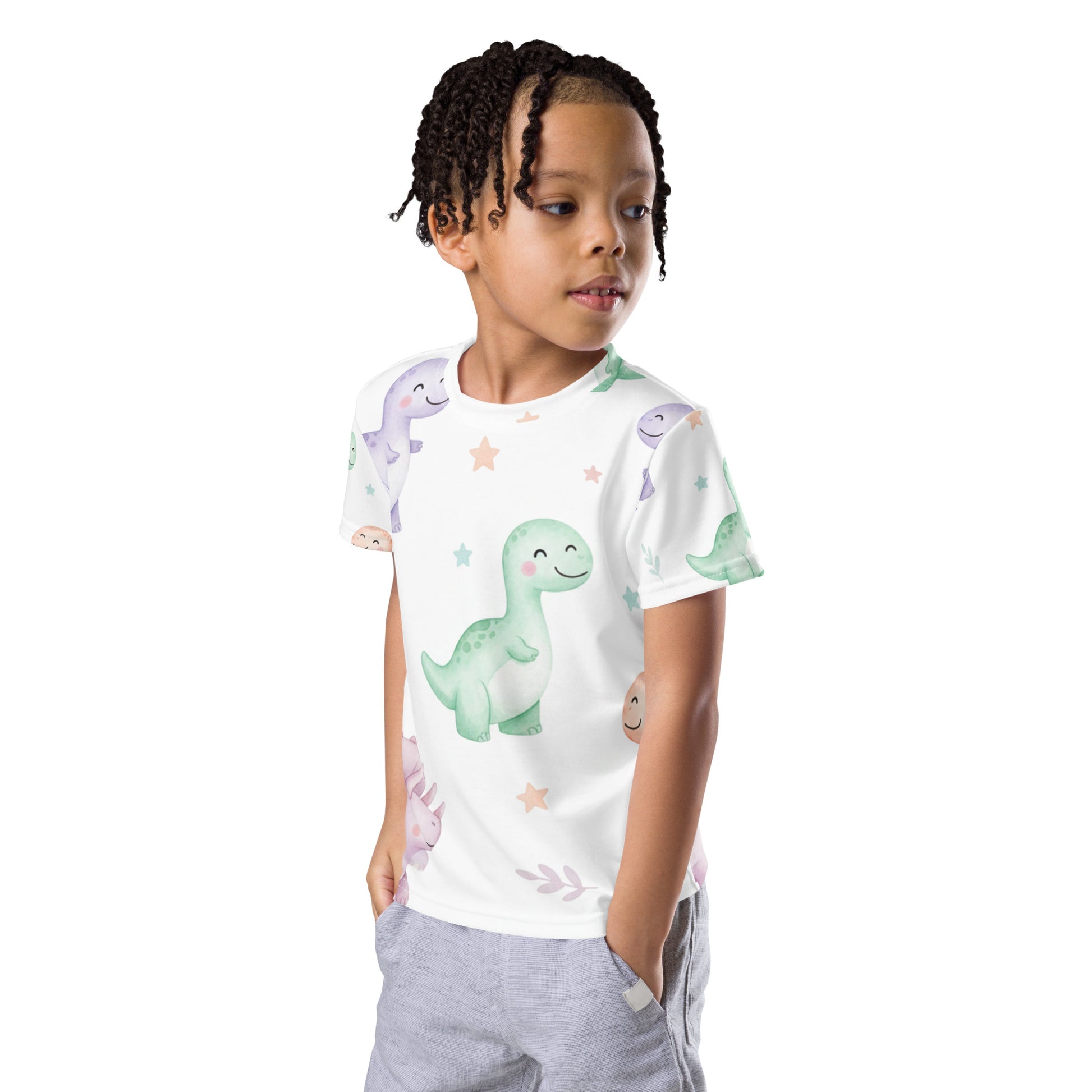 Kids Pastel Kawaii Dinosaur T-Shirt – Cute Boys & Girls Smiling Dino All-Over Print Tee for Everyday Wear 7