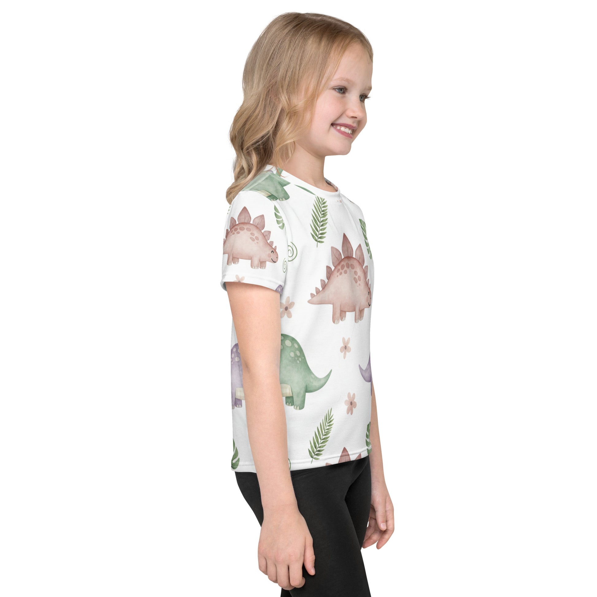 Kids Botanical Dino Garden T-Shirt – Cute Boys & Girls Stegosaurus Tropical Leaves All-Over Print Tee 7