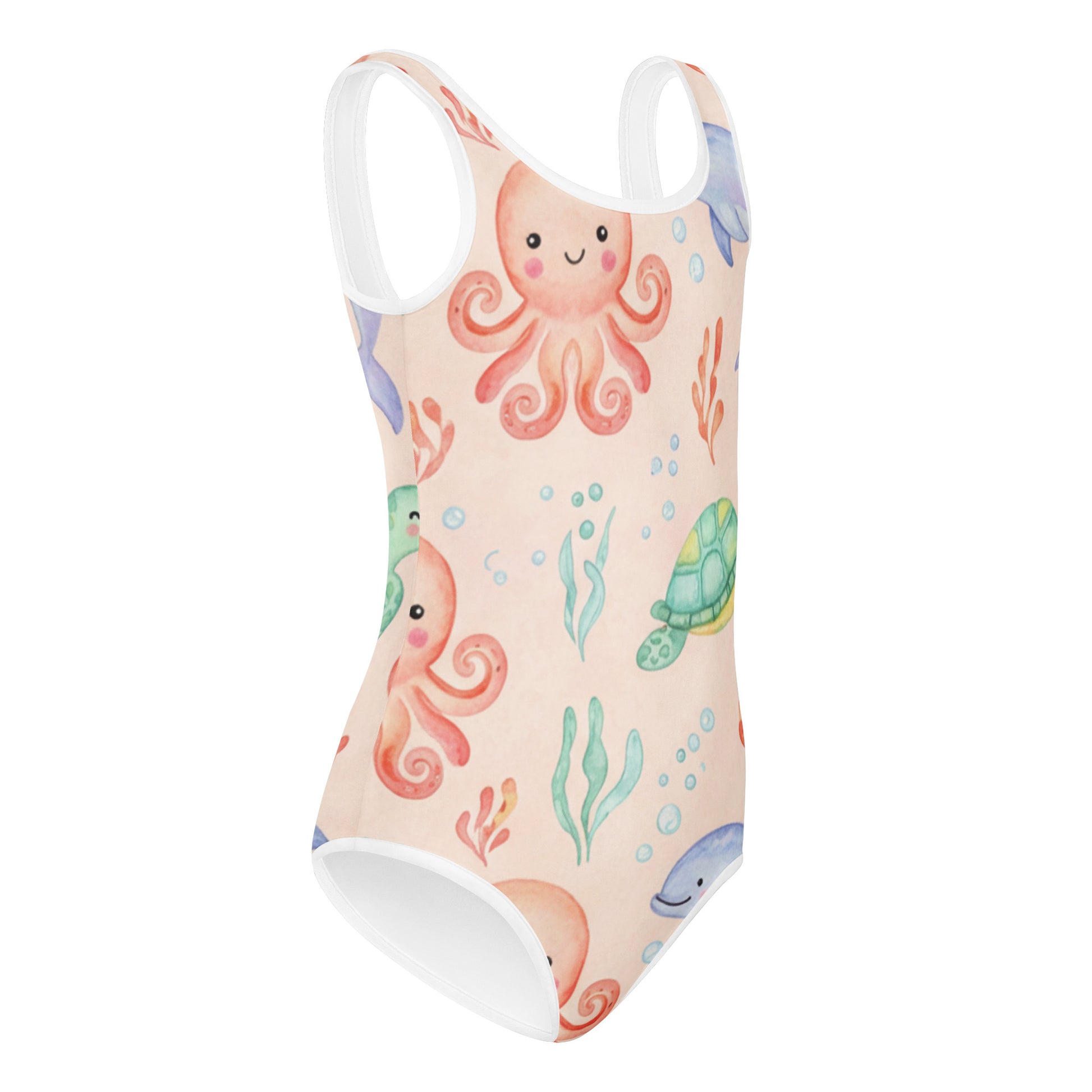 Girls Tropical Floral Swimsuit – Cute Kids One-Piece Peach Summer Swimwear 7
