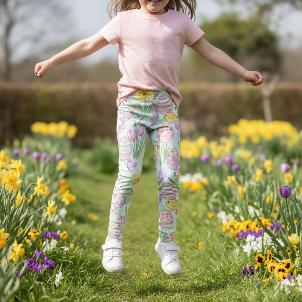 Kids Easter Leggings – Cute Girls Pastel Bunny & Tulip All-Over Print for Easter & Spring Playdates