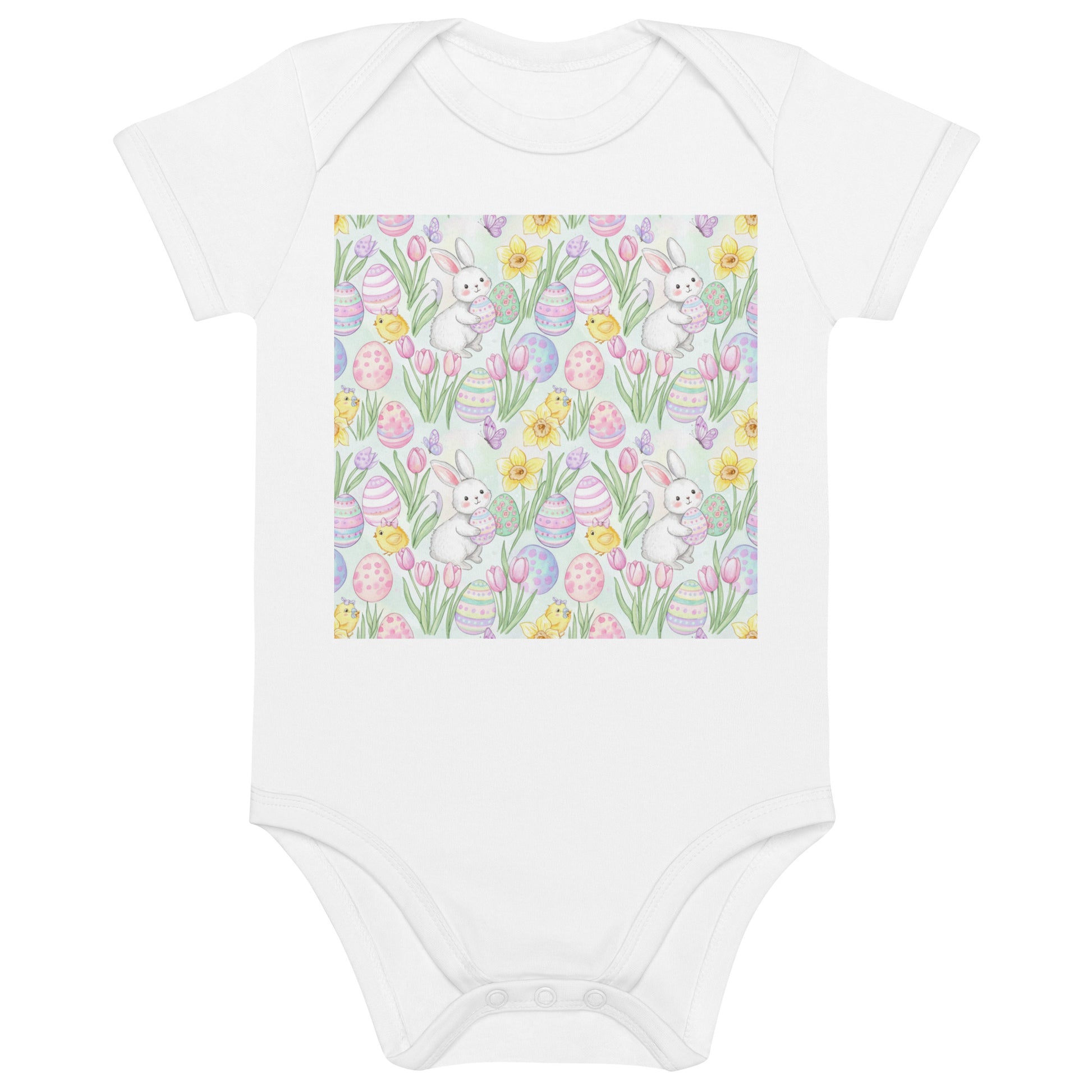 Organic Cotton Easter Baby Bodysuit – Cute Watercolour Bunny & Chicks Onesie for Baby's First Easter 12-18m