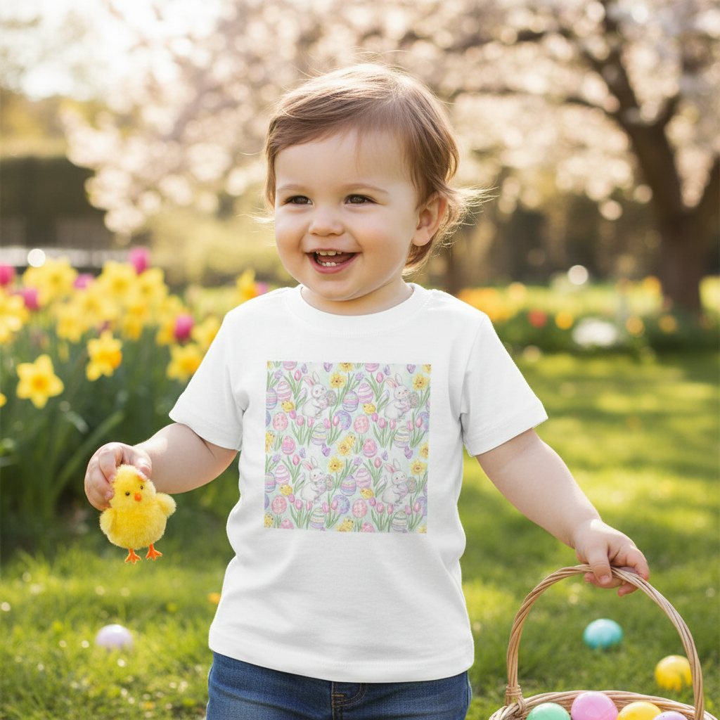 Toddler Easter T-Shirt – Cute Kids Spring Chicks, Eggs & Flowers All-Over Print Tee for Boys & Girls