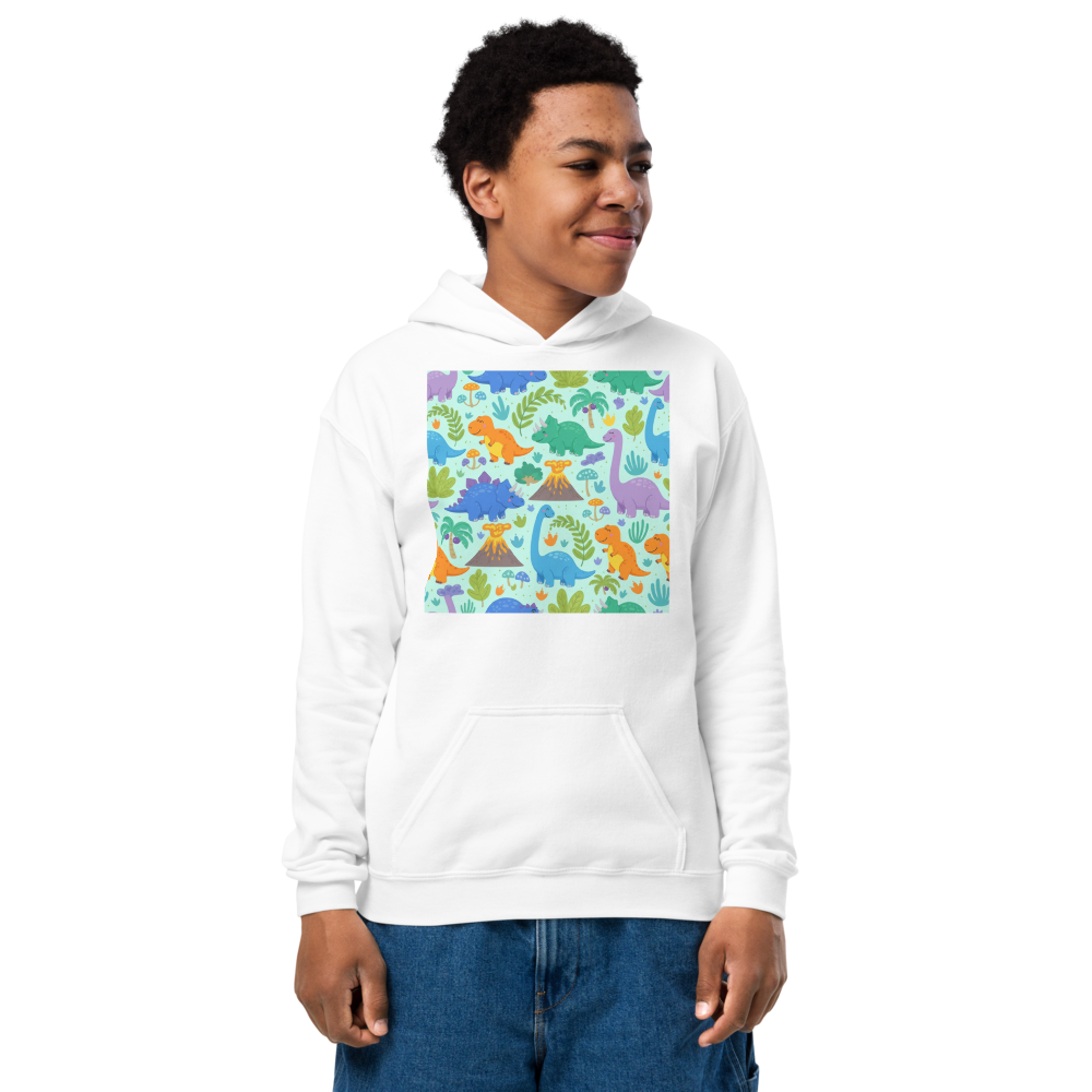 Kids Dinosaur Hoodie – Jurassic All-Over Print Fleece Pullover for Boys & Girls XL