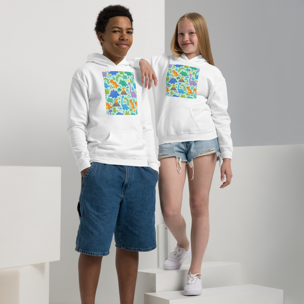 Kids Dinosaur Hoodie – Jurassic All-Over Print Fleece Pullover for Boys & Girls XL