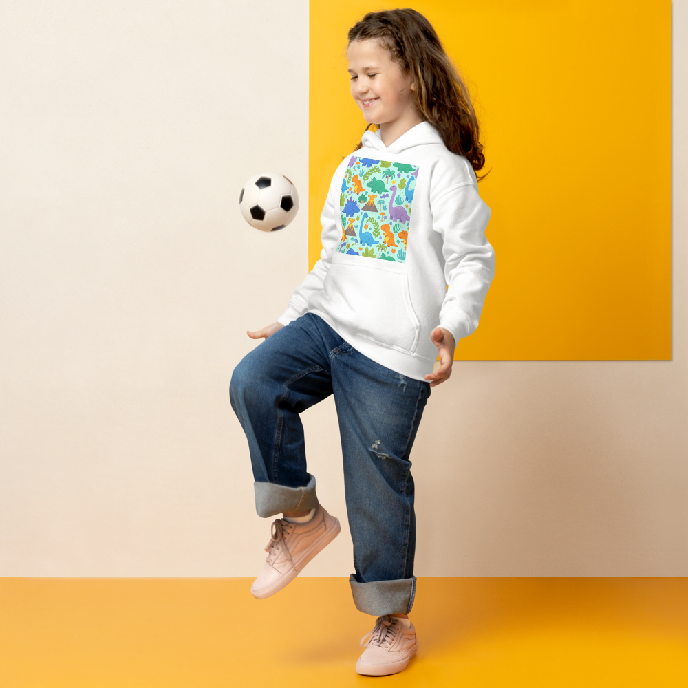 Kids Dinosaur Hoodie – Jurassic All-Over Print Fleece Pullover for Boys & Girls XL